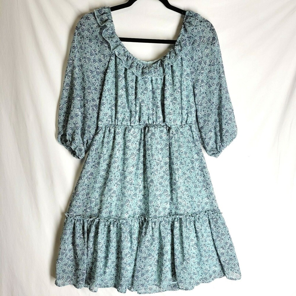 LA Threads A-Line Tiered Dress Blue Floral Scoop Neck Puff Sleeve Size Large